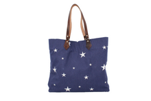 Load image into Gallery viewer, Cotton navy blue fabric bag with star motif and leather handlles