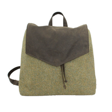 Load image into Gallery viewer, Moss Green British Tweed Backpack with Contrasting Waxed Cotton Detailing