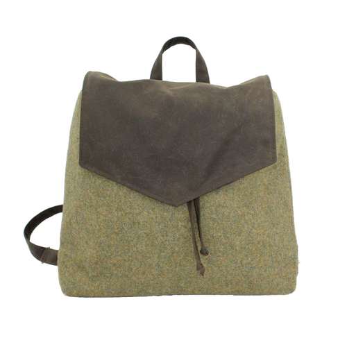 Moss Green British Tweed Backpack with Contrasting Waxed Cotton Detailing