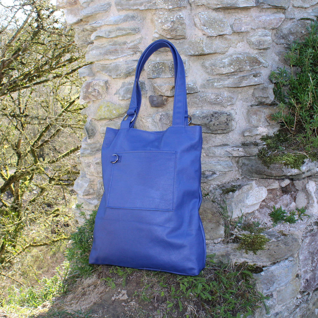 Blue Leather Large Slouch Bag or Shopping Bag, Unique, Handcrafted