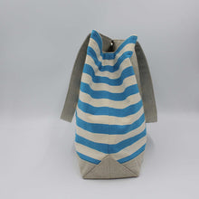 Load image into Gallery viewer, Blue striped beach bag side view