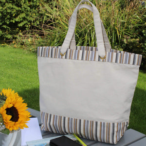 Cotton canvas tote bag with capuccino stripes