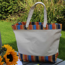 Load image into Gallery viewer, Cotton canvas tote bag with pumpkin orange and blue stripe