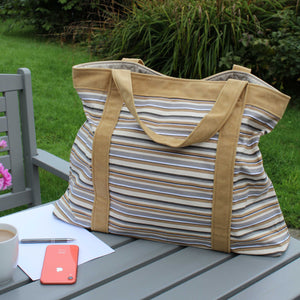 Extra large beach bag in mustard & grey stripes