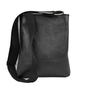 black leather document bag with silver nickel hardware