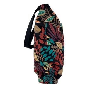 Tropical Print Bluebell Slouch Bag with Front Pocket and Silver Hardware.  Side View.